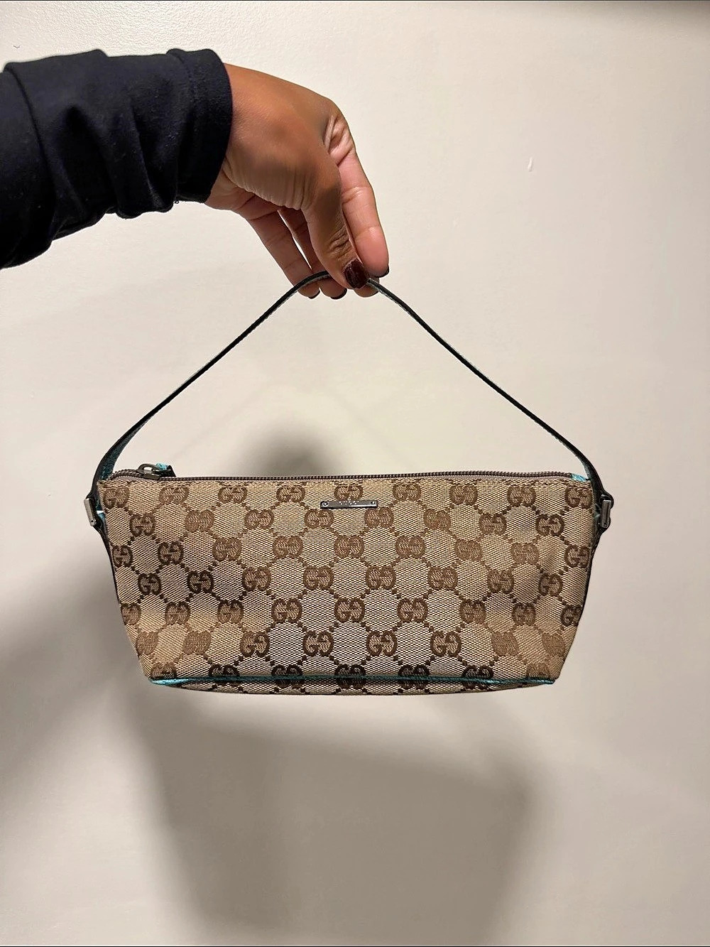 Gucci GG Canvas Boat Pochette Monogram Shoulder Bag in Brown & Blue